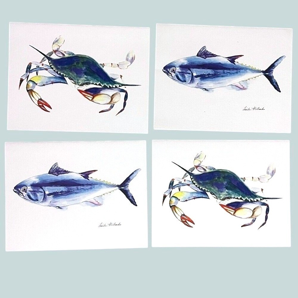 Crab Fish Coastal Notecards Stationery Colorful Watercolor Prints Set Of 4 NWOT